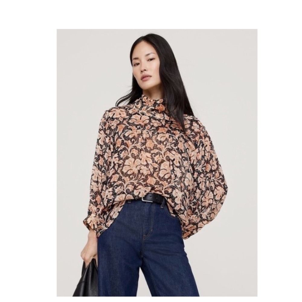 Banana Republic Womens Floral Paisley Mock Neck Blouse Gold Lurex Stripe NWT M